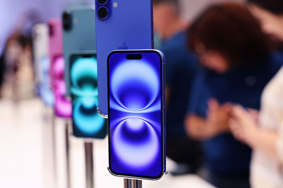 <i>Michael M. Santiago/Getty Images via CNN Newsource</i><br/>iPhone 16 phones are seen on display at the Fifth Avenue Apple Store in New York City on launch day in September 2024. Apple is set to announce changes to how people use iPhones at WWDC on Monday.