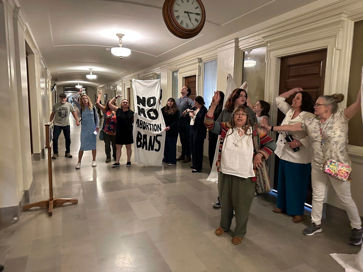 <i>David A. Lieb/AP via CNN Newsource</i><br/>People in support of abortion rights protest outside the Missouri Senate chamber after the Senate voted to approve a referendum seeking to repeal an abortion-rights amendment on May 14 in Jefferson City