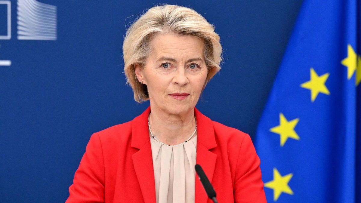 <i>Nicolas Tucat/AFP/Getty Images via CNN Newsource</i><br/>European Commission President Ursula von der Leyen announces a new package of sanctions against Russia at the EU headquarters in Brussels on June 10