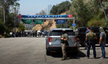 Border Patrol agents stand at Gate E of Dodger Stadium in Los Angeles.