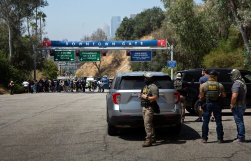 Border Patrol agents stand at Gate E of Dodger Stadium in Los Angeles.