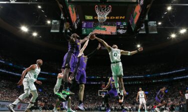 Jayson Tatum (0) of the Boston Celtics rebounds during the game against the Los Angeles Lakers on March 8
