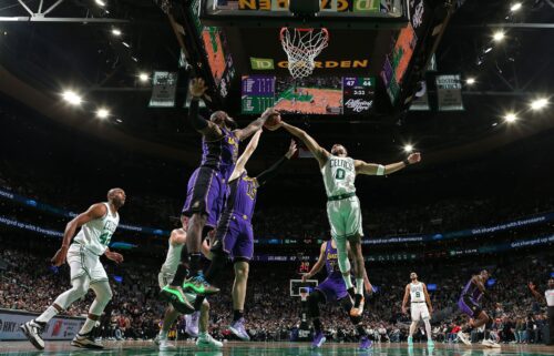 Jayson Tatum (0) of the Boston Celtics rebounds during the game against the Los Angeles Lakers on March 8