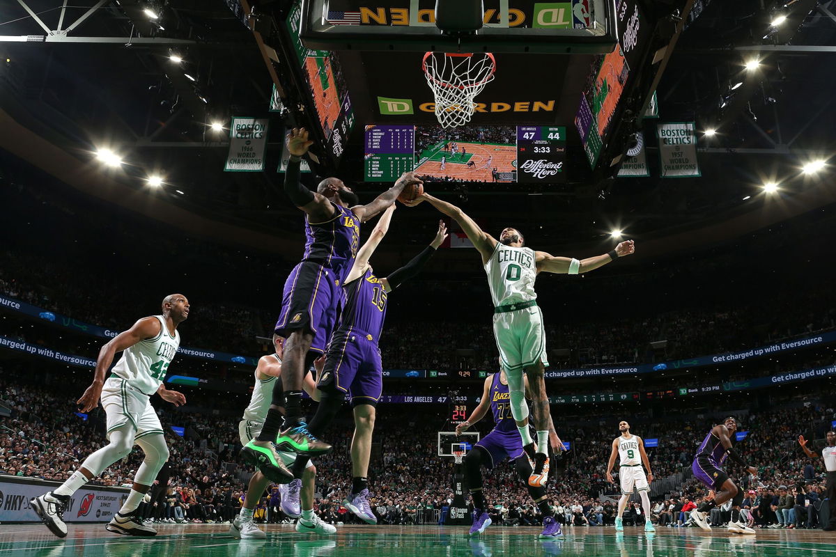 <i>Nathaniel S. Butler/NBAE/Getty Images via CNN Newsource</i><br/>Jayson Tatum (0) of the Boston Celtics rebounds during the game against the Los Angeles Lakers on March 8