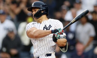 Giancarlo Stanton in his first at-bat against the Angels in his return from the 60-day DL.