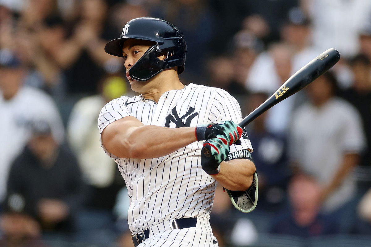 <i>Sarah Stier/Getty Images via CNN Newsource</i><br/>Giancarlo Stanton in his first at-bat against the Angels in his return from the 60-day DL.