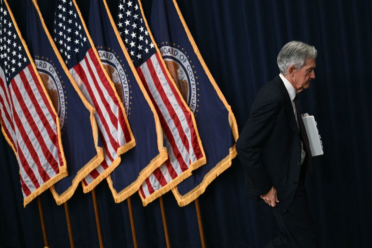 <i>Brendan Smialowski/AFP/Getty Images via CNN Newsource</i><br/>Federal Reserve Chair Jerome Powell leaves after a news conference on May 7. New economic projections from Fed policymakers could show they expect to lower rates at least once this year — and it will likely be because of bad news