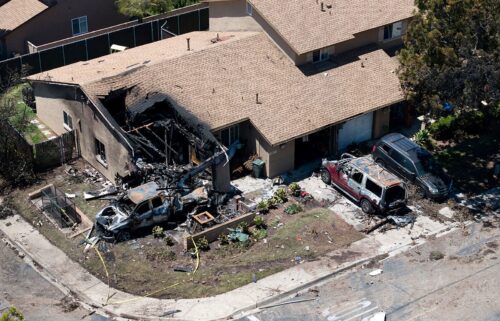 NTSB investigators find San Diego jet was flying too low on its descent path before fiery crash and seen here debris covers the ground after the small plane crashed into a San Diego neighborhood