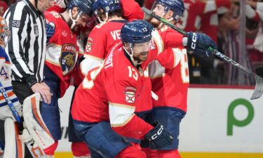 Florida Panthers center Sam Reinhart celebrates his goal during the second period of Game 6 of the Stanley Cup Final against the Edmonton Oilers.