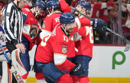 Florida Panthers center Sam Reinhart celebrates his goal during the second period of Game 6 of the Stanley Cup Final against the Edmonton Oilers.