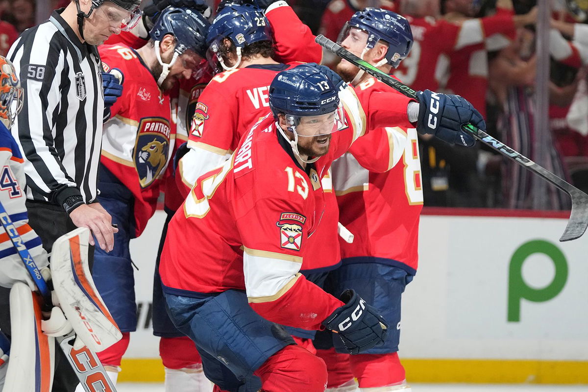 <i>Lynne Sladky/AP via CNN Newsource</i><br/>Florida Panthers center Sam Reinhart celebrates his goal during the second period of Game 6 of the Stanley Cup Final against the Edmonton Oilers.