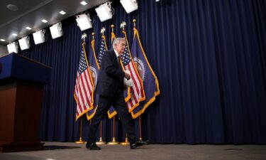 Federal Reserve Chair Jerome Powell departs after speaking at a news conference at the William McChesney Martin Jr. Federal Reserve Board Building on May 7 in Washington