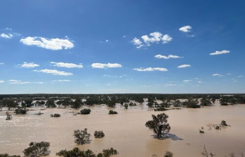 A photo of the Kalamurina Wildlife Sanctuary taken in 2018 shows floodwaters from north-west Queensland flowing into the area