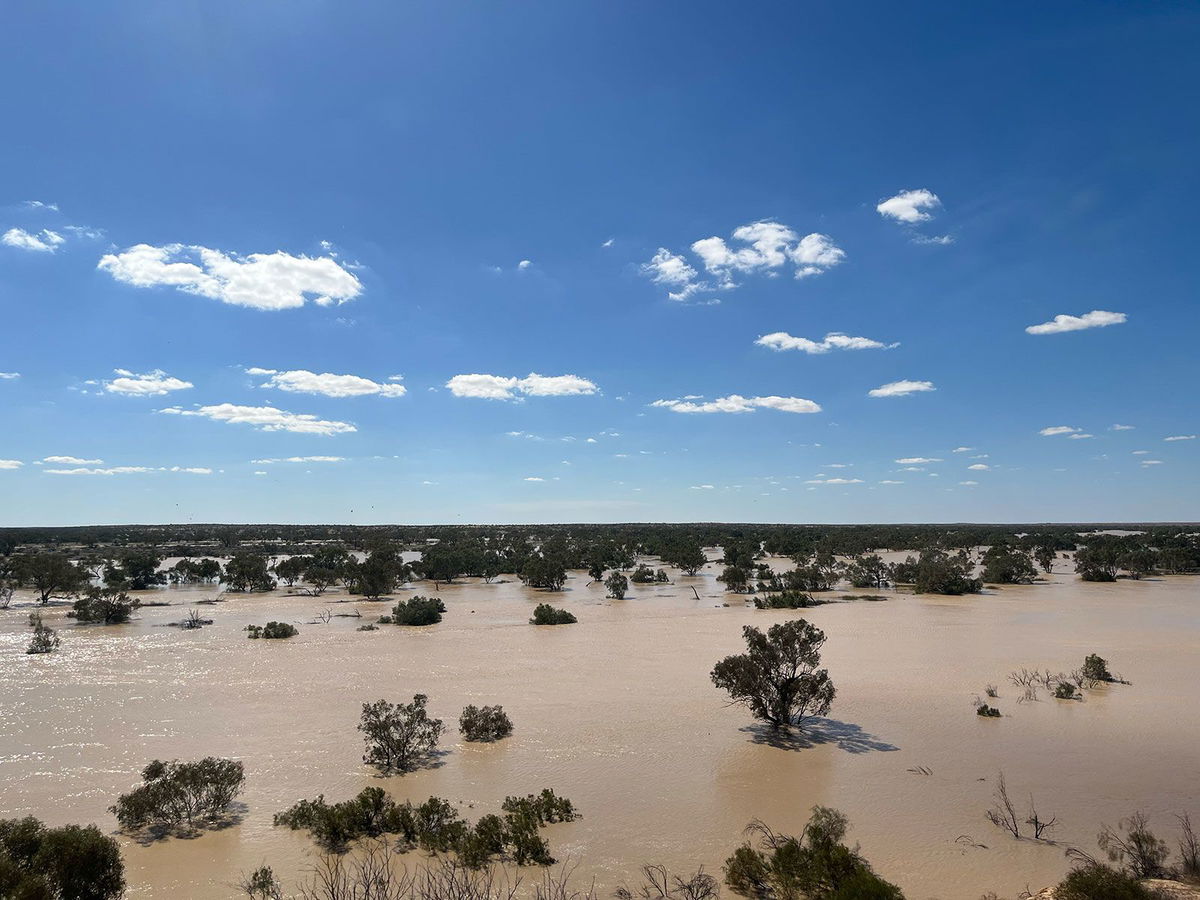 <i>Brad Leue/Australian Wildlife Conservancy via CNN Newsource</i><br/>A photo of the Kalamurina Wildlife Sanctuary taken in 2018 shows floodwaters from north-west Queensland flowing into the area