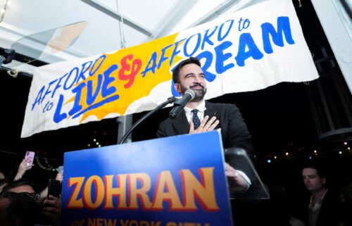 Zohran Mamdani gestures as he speaks during a watch party for his primary election in New York on June 25.