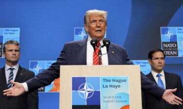 President Donald Trump speaks during a media conference at the end of the NATO summit as Secretary of State Marco Rubio