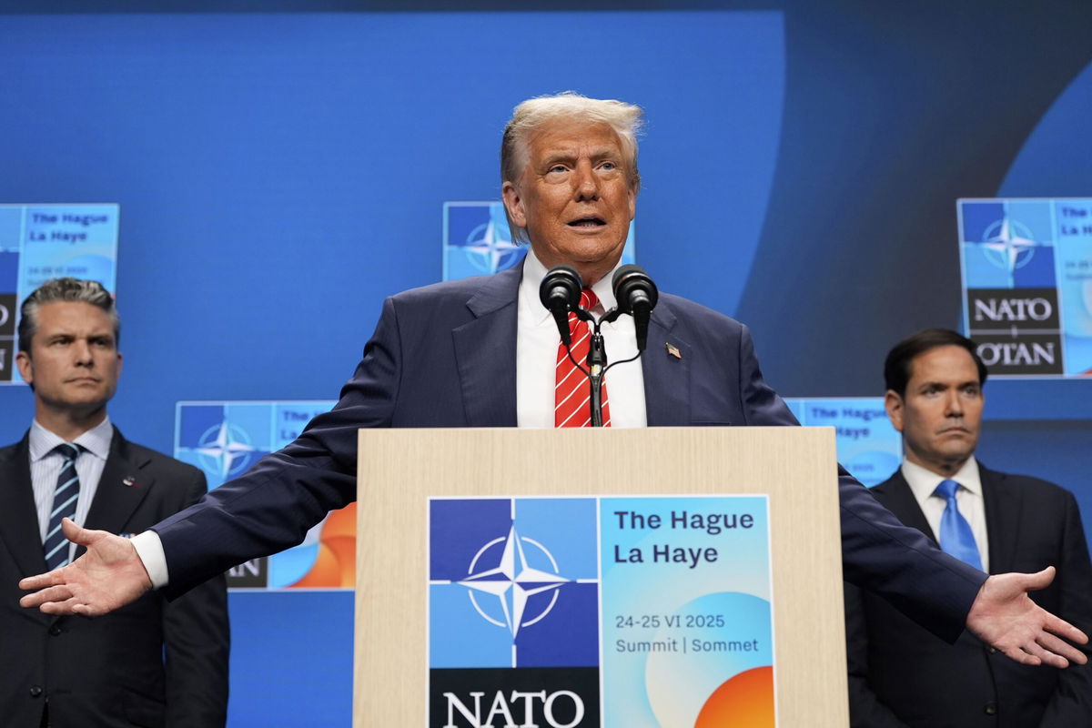 <i>Alex Brandon/AP via CNN Newsource</i><br/>President Donald Trump speaks during a media conference at the end of the NATO summit as Secretary of State Marco Rubio