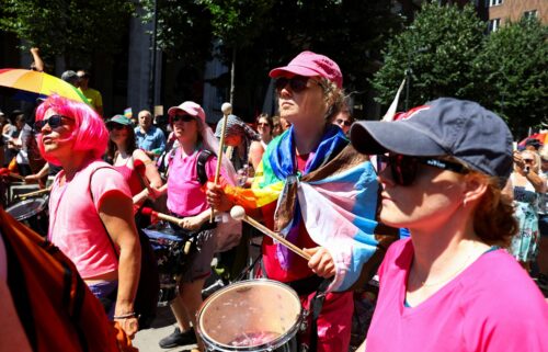 People gather for the Budapest Pride march in Hungary's capital on Saturday.
