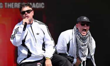 Móglaí Bap and Mo Chara of Kneecap perform during their set at Glastonbury on June 28.