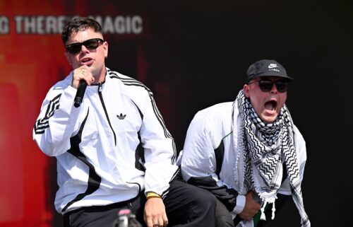 Móglaí Bap and Mo Chara of Kneecap perform during their set at Glastonbury on June 28.