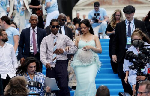 A$AP Rocky and Rihanna depart the "Highest 2 Lowest" red carpet at the 78th annual Cannes Film Festival at Palais des Festivals on May 19