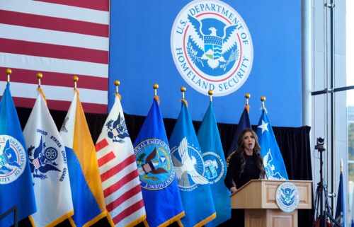 US Homeland Security Secretary Kristi Noem delivers remarks to staff at the Department of Homeland Security headquarters on January 28