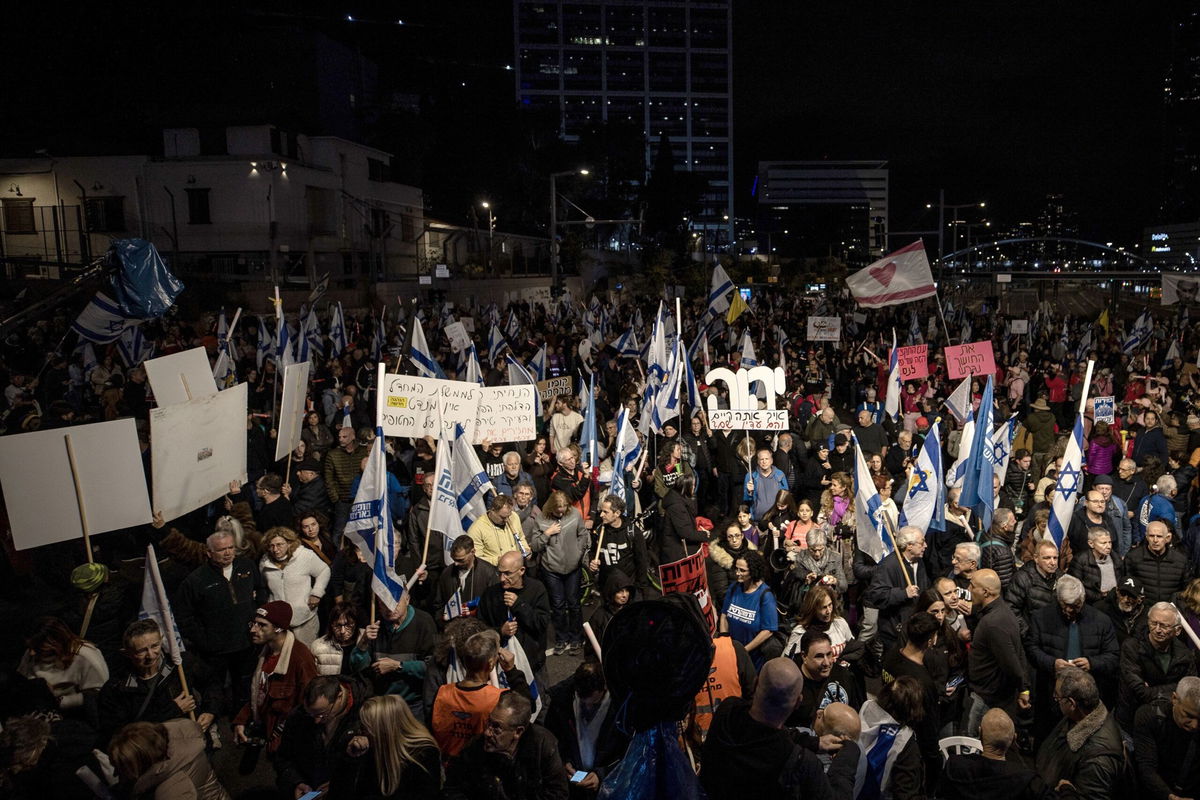 <i>Mostafa Alkharouf/Anadolu/Getty Images via CNN Newsource</i><br/>Hundreds of people gather to hold a demonstration demanding a ceasefire and a hostage swap agreement in Gaza