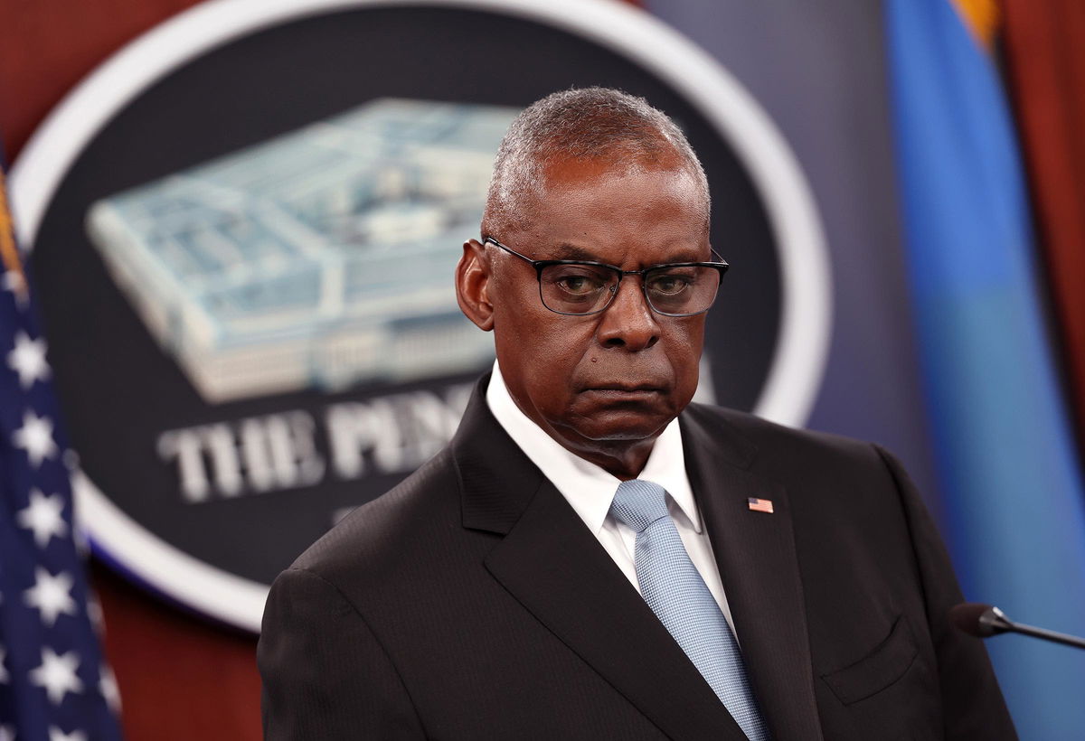 <i>Kevin Dietsch/Getty Images via CNN Newsource</i><br/>Then Secretary of Defense Lloyd Austin holds a joint press conference following a meeting of the Ukraine Defense Contact Group at the Pentagon on May 20