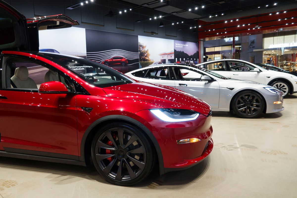 <i>Kevin Carter/Getty Images via CNN Newsource</i><br/>New Tesla vehicles are displayed at a showroom in San Diego. The automaker reported another sharp drop in sales for the second quarter compared to a year ago.