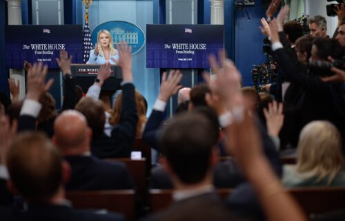 White House Press Secretary Karoline Leavitt talks to reporters during a news conference in the Brady Press Briefing Room at the White House on May 9