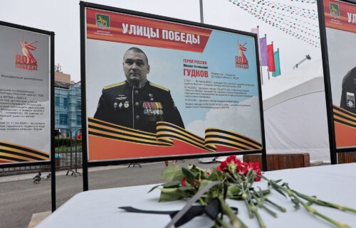 Flowers placed in front of a photograph of Maj. Gen. Mikhail Gudkov