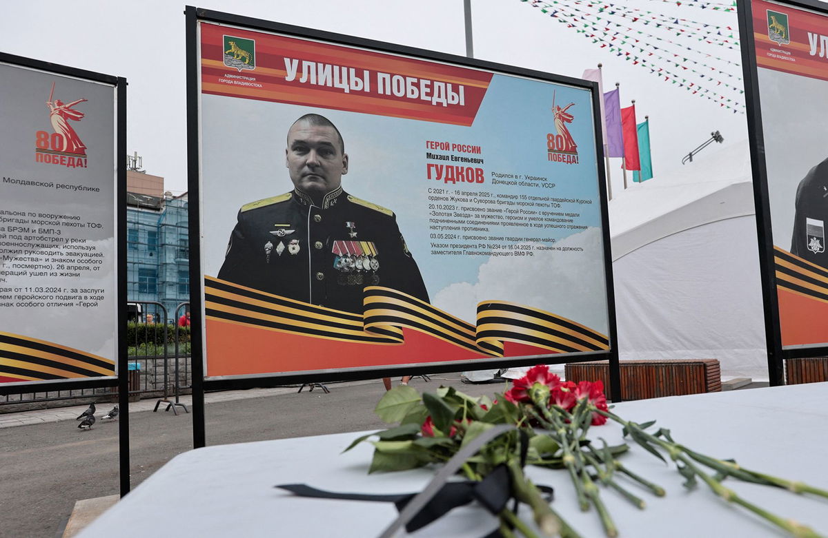 <i>Tatiana Meel/Reuters via CNN Newsource</i><br/>Flowers placed in front of a photograph of Maj. Gen. Mikhail Gudkov