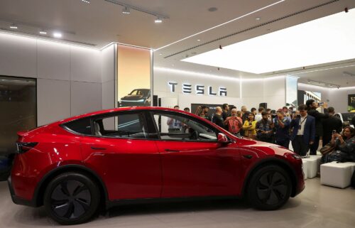The Tesla Model Y is pictured on display in its first showroom in India