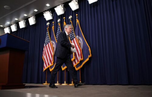 Federal Reserve Chair Jerome Powell departs after speaking at a news conference following a Federal Open Market Committee meeting at the William McChesney Martin Jr. Federal Reserve Board Building on May 7 in Washington.
