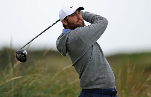 Scheffler chipping during a practice round ahead of The 153rd Open Championship.