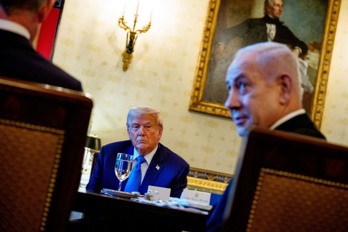 <i>Andrew Harnik/Getty Images via CNN Newsource</i><br/>Israeli Prime Minister Benjamin Netanyahu and President Donald Trump speak during a dinner in the Blue Room of the White House on July 7 in Washington