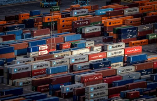 Stacked shipping containers in the commercial port of Barcelona on July 7.