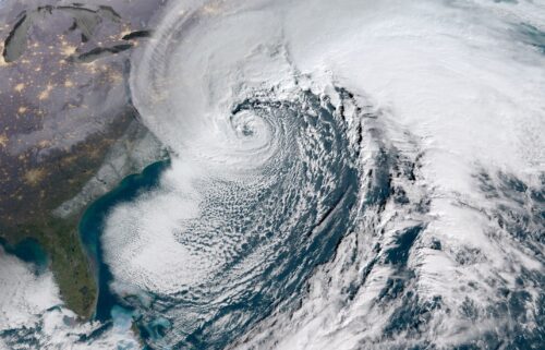 Satellite image of a rapidly deepening blizzard off the northeastern United States is seen here in January 2018. The effects of climate change are supercharging the strongest nor’easters.