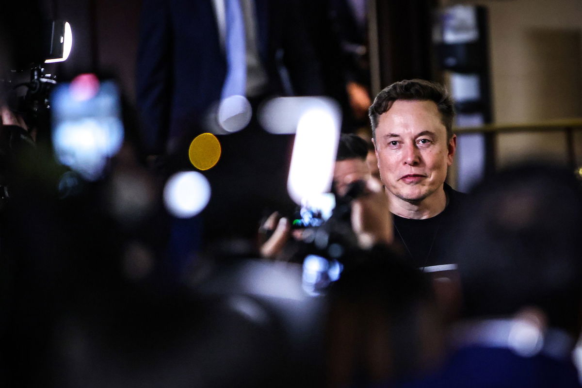 <i>Samuel Corum/Getty Images via CNN Newsource</i><br/>Elon Musk leaves a meeting with House Republicans in the basement of the Capitol building on March 5