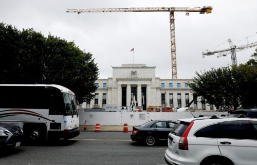 Construction work is done around the Federal Reserve building on September 17