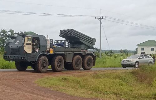 A Cambodian BM-21 multiple rocket launcher returns in Preah Vihear province from the Cambodia-Thai border as troops from both sides clash on July 24.