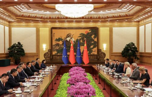 Chinese leader Xi Jinping gives his opening remarks at a meeting with top European Union officials at the Great Hall of the People in Beijing on July 24