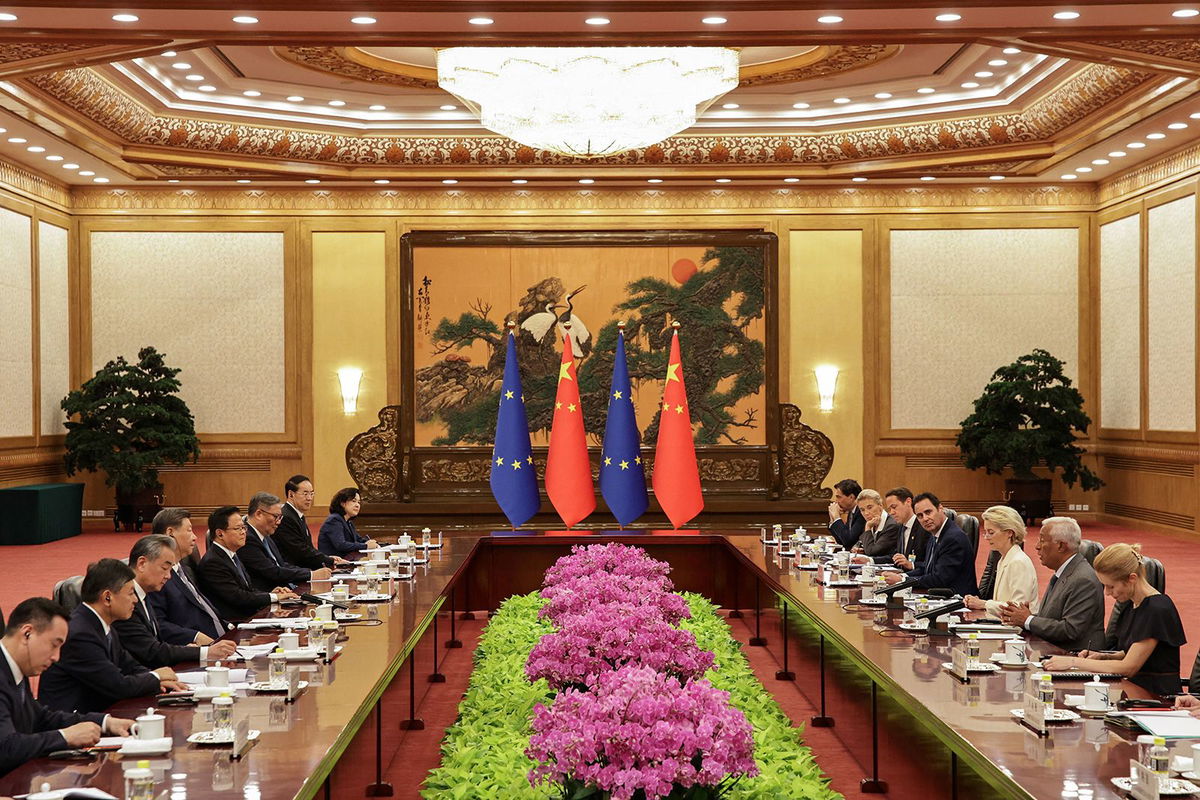 <i>Andres Martinez Casares/AFP/Getty Images via CNN Newsource</i><br/>Chinese leader Xi Jinping gives his opening remarks at a meeting with top European Union officials at the Great Hall of the People in Beijing on July 24