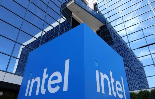 A sign is posted in front of Intel headquarters in August 2024 in Santa Clara
