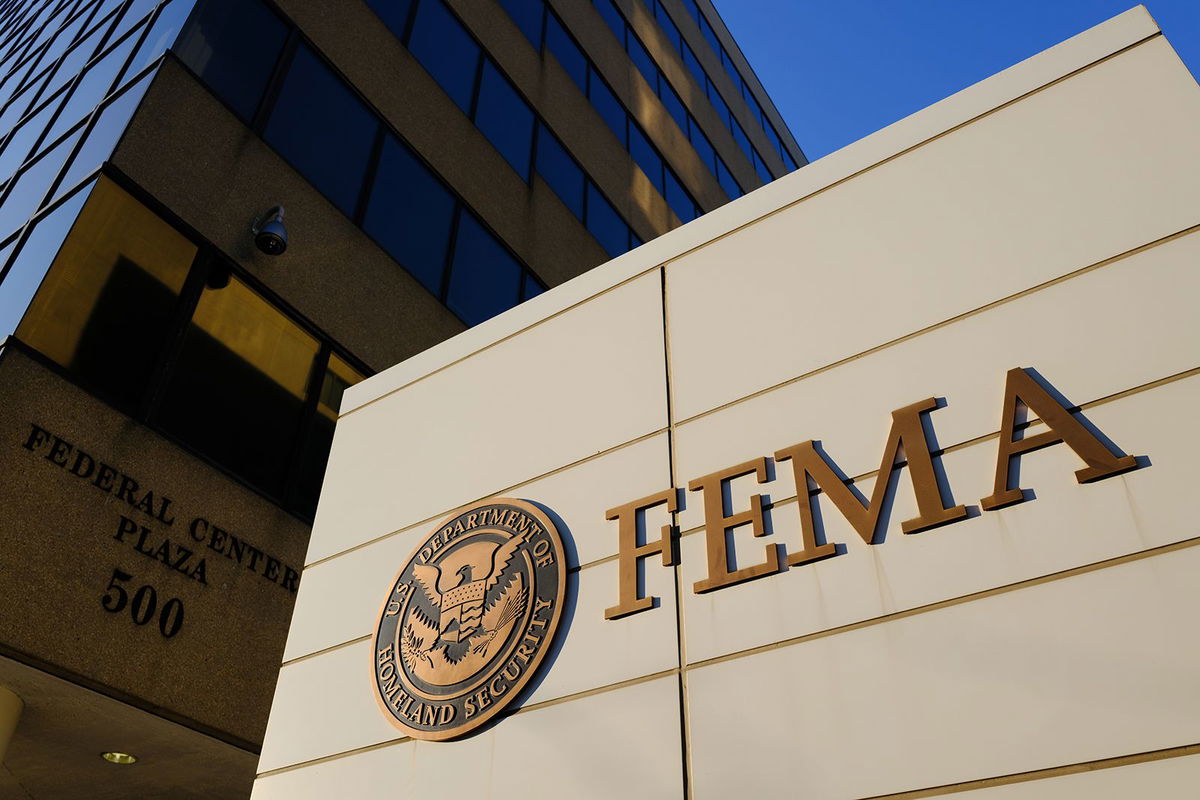 <i>J. David Ake/Getty Images via CNN Newsource</i><br/>A sign marks the location of the Federal Emergency Management Agency (FEMA) headquarters building on June 20