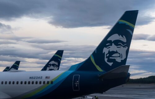 Alaska Airlines planes are seen at Anchorage airport on Monday