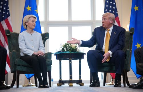 President of the European Commission Ursula von der Leyen meets with U.S. President Donald Trump at Trump Turnberry golf club on July 27 in Turnberry