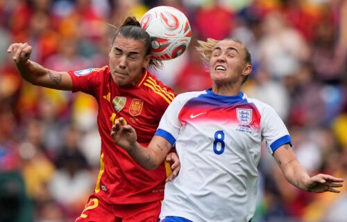 Patri Guijarro and Georgia Stanway challenge for the ball during the Women's Euros final in Basel