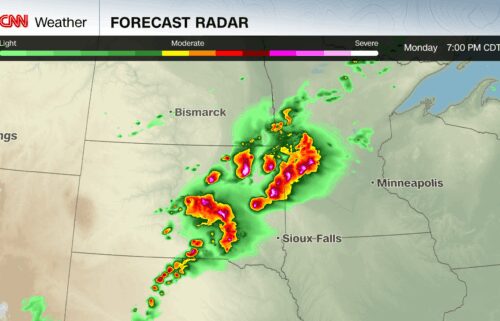 A forecast model shows powerful storms hitting the northern Plains Monday evening.