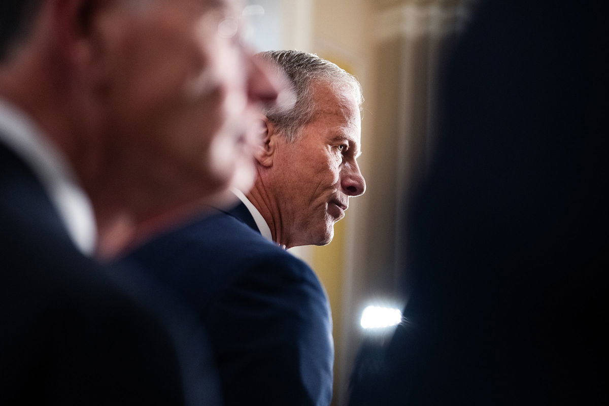 <i>Tom Williams/CQ Roll Call/Getty Images via CNN Newsource</i><br/>Senate Majority Leader John Thune holds a news conference after the senate luncheons in the US Capitol on July 29.